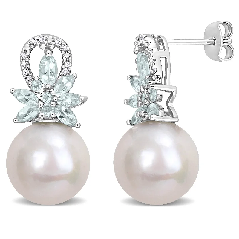 Luxury Jewelry Without The Luxury Price Tag Mimi & Max 11-12mm Cultured Freshwater Pearl and 1 1/5ct TGW Aquamarine and 1/10ct TW Diamond Flower Drop Earrings in Sterling Silver