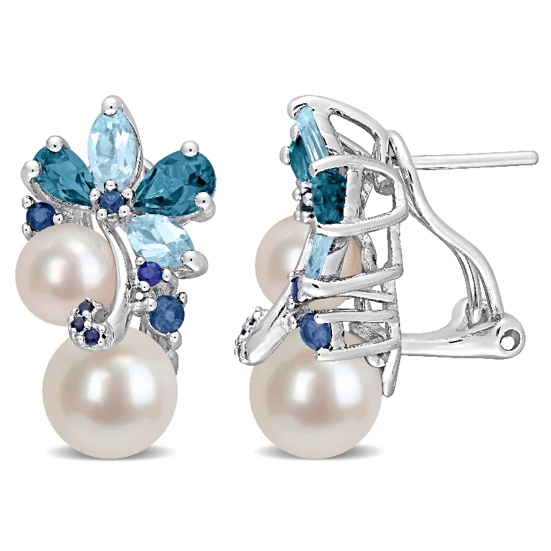 Personalized Jewelry Sale – Unique Gifts At Low Prices Mimi & Max 2 7/8ct TGW London and Sky Blue Topaz, Sapphire and White Cultured Freshwater Pearl Cluster Earrings in Sterling Silver