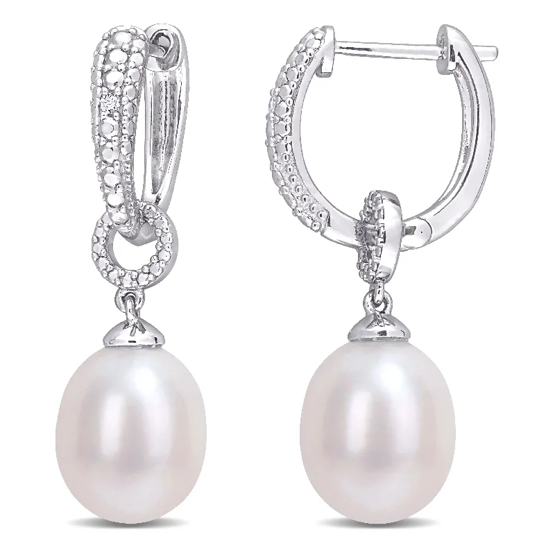 Exclusive Jewelry Sale – Grab Timeless Pieces Now Mimi & Max 8-8.5mm Cultured Freshwater Pearl and Diamond Accent Drop Hoop Earrings in Sterling Silver