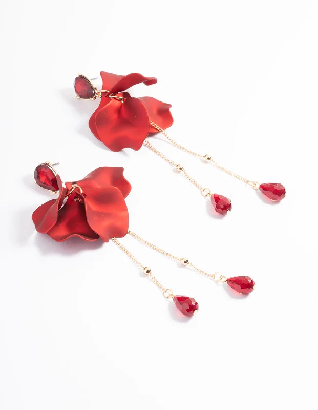 Affordable Gold-Plated Jewelry For Modern Fashion Red Teardrop Stone Petal Drop Earrings