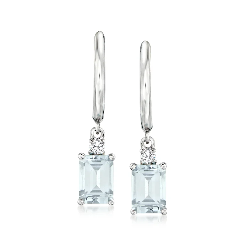 Chic, Trendy, And Affordable Jewelry Sale Ross-Simons Aquamarine Hoop Drop Earrings With Diamond Accents in 18kt White Gold