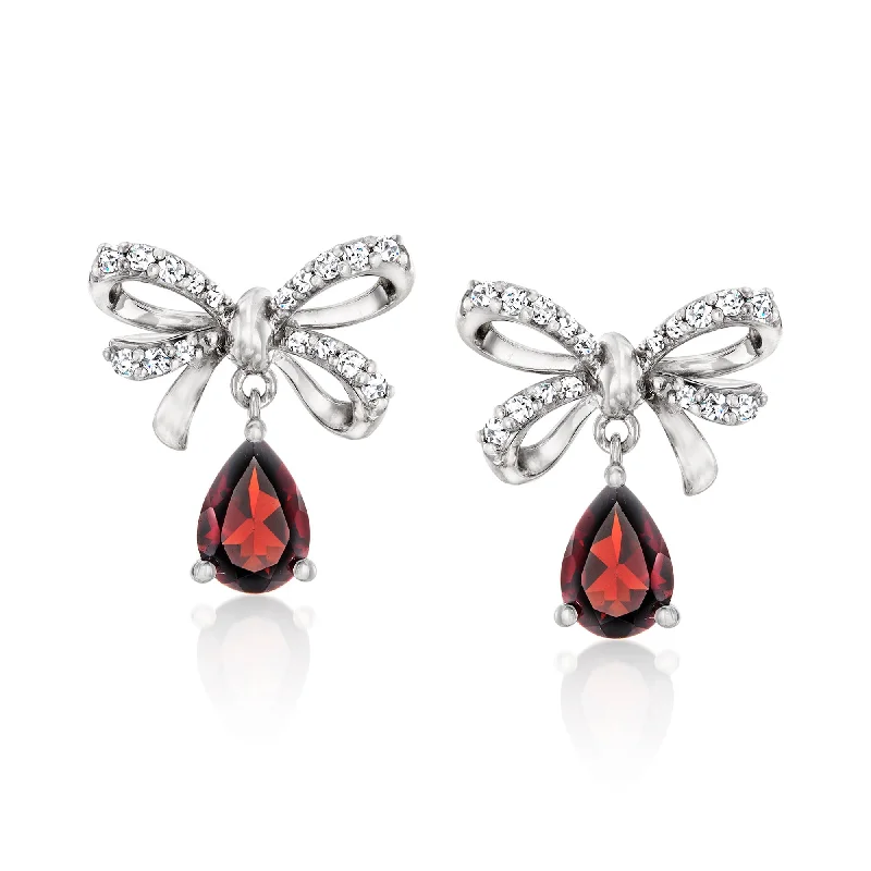 Shop Dazzling Jewelry At The Best Prices Ross-Simons Garnet and . White Topaz Bow Drop Earrings in Sterling Silver