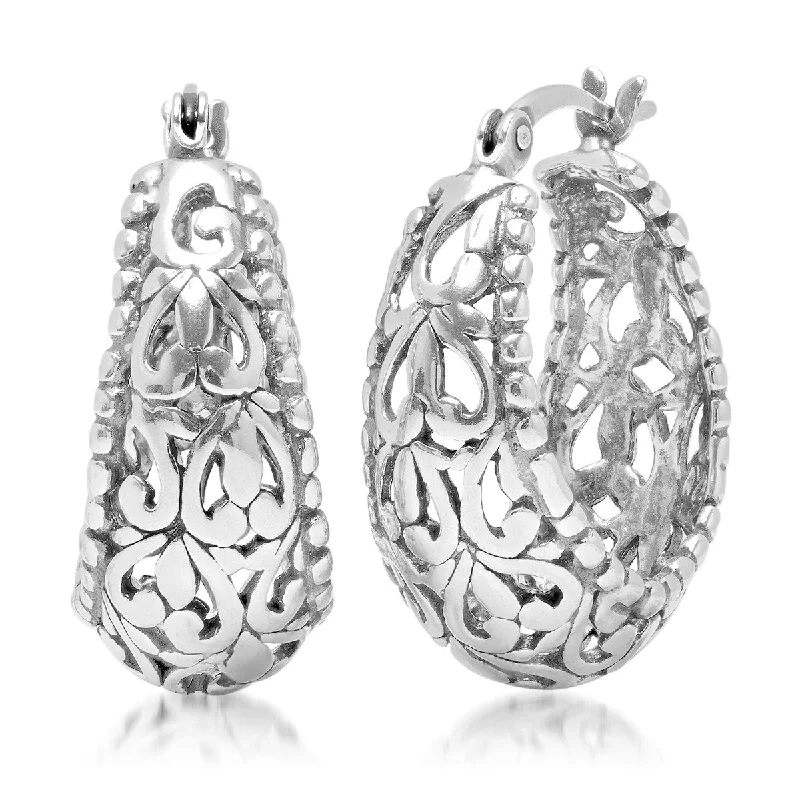 Personalized Engraved Jewelry For Meaningful Gifts Sterling Silver Filigree Click-Top Oval Hoop Earrings (0.75 inches)