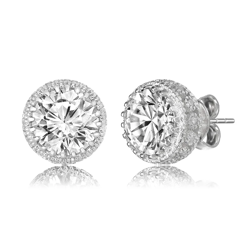 Sterling Silver with 4ctw Lab Created Moissanite Solitaire Crown Pave Stud Earrings