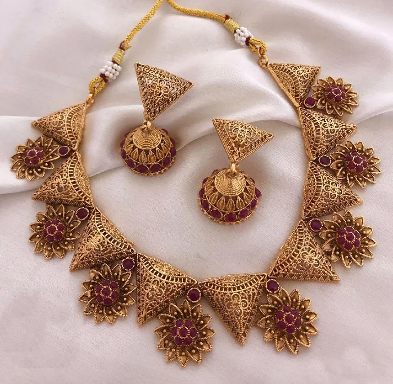 Affordable Luxury Jewelry – Style At A Great Price Premium Gold Finish Trending Triangle design Short All occasions Necklace Set with Red stones NNJ01-374-6144N