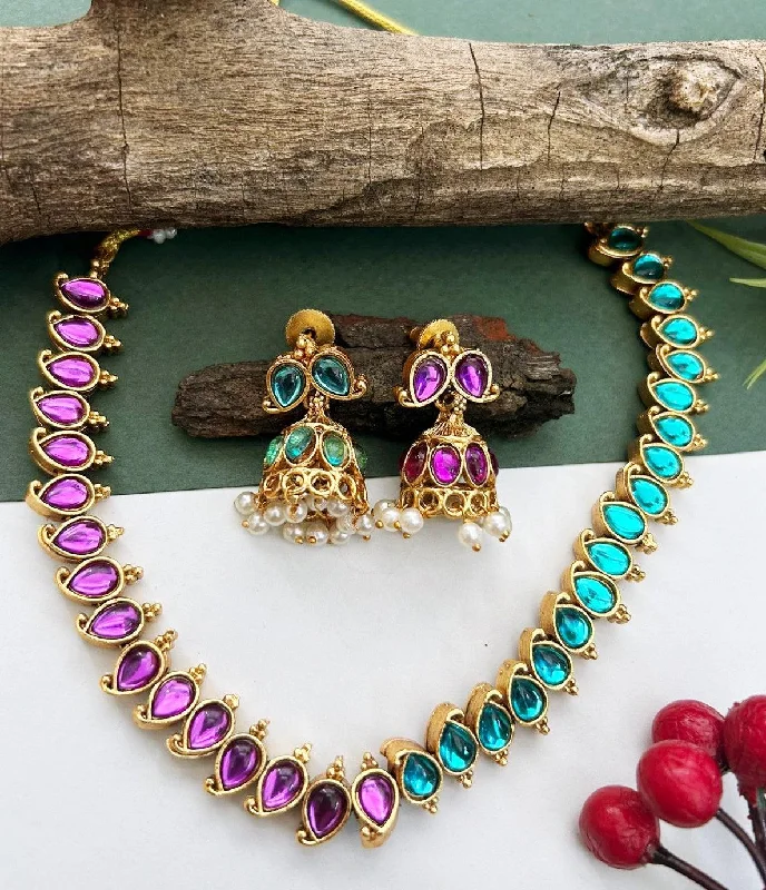 Bestselling Jewelry At Special Promotional Rates Exclusive Gold Plated Reversible (Purple and Sky blue) AD Necklace Set