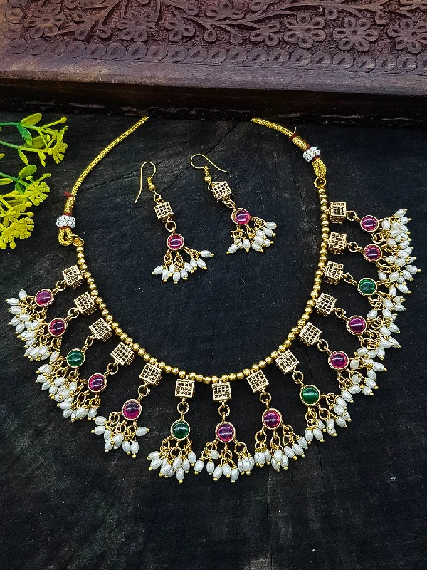 Unique Jewelry Designs Now At Discounted Rates Gold Plated Classic Multicolor Floral Necklace set with AD Stones