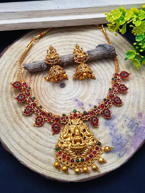 Discounted Jewelry For A Glamorous Look Gold Plated Mango design with Laxmi Necklace Set with AD stones 8005N