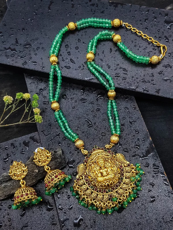 Special Deals On Handcrafted And Designer Jewelry Gold Plated Necklace Set in green crystal natural stones