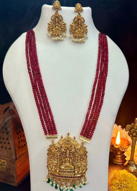 Jewelry Deals That Outshine The Rest Premium Timeless Collection Temple Pendant with 4 Line Crystal onyx batti mala Necklace Set