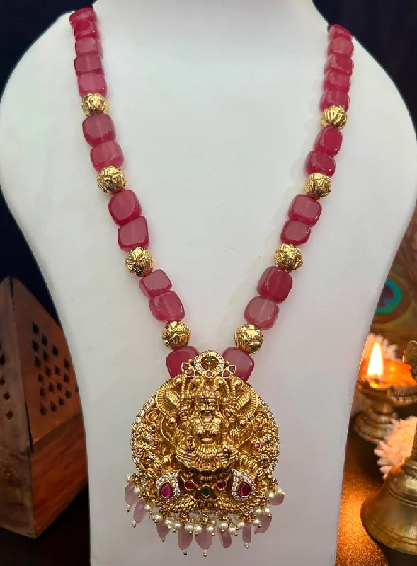 Your Dream Jewelry At Dream Prices Premium Timeless Collection Temple Pendant with Natural Stone Red onyx square maala Necklace Set