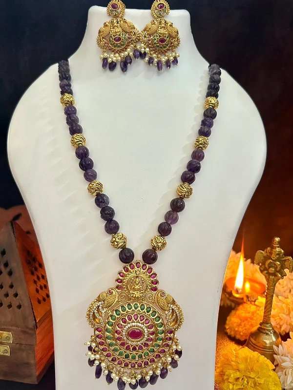 Bold And Beautiful Jewelry Now At Irresistible Prices Premium Timeless Collection Temple Pendant with Natural Stone Mala Amethyst Pumpin Necklace Set