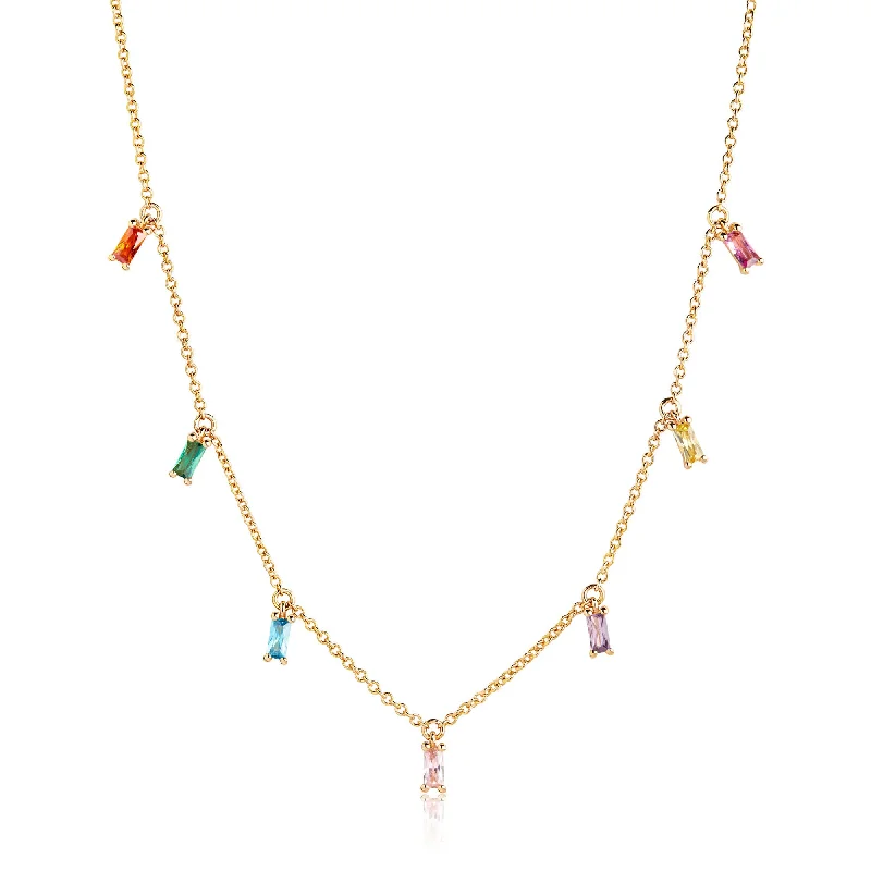 Accessorize For Less – Luxury Jewelry At Affordable Prices Princess Baquette Gold Plated Necklace w. Pink, Blue, Green, Orange & Purple Zirconias