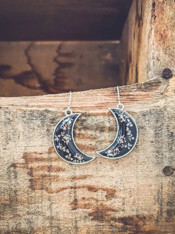 Everyday Jewelry Essentials Now On Sale Midnight Moon Crescent Earrings with Pressed Flowers