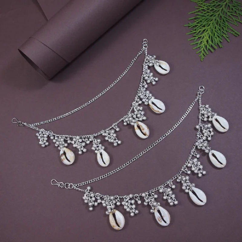 Fine Jewelry, Limited-Time Offers Available Etnico Silver Oxidised Boho Shell & Ghungroo Hair Chain/Earchain Accessories For Women (E3243OX)