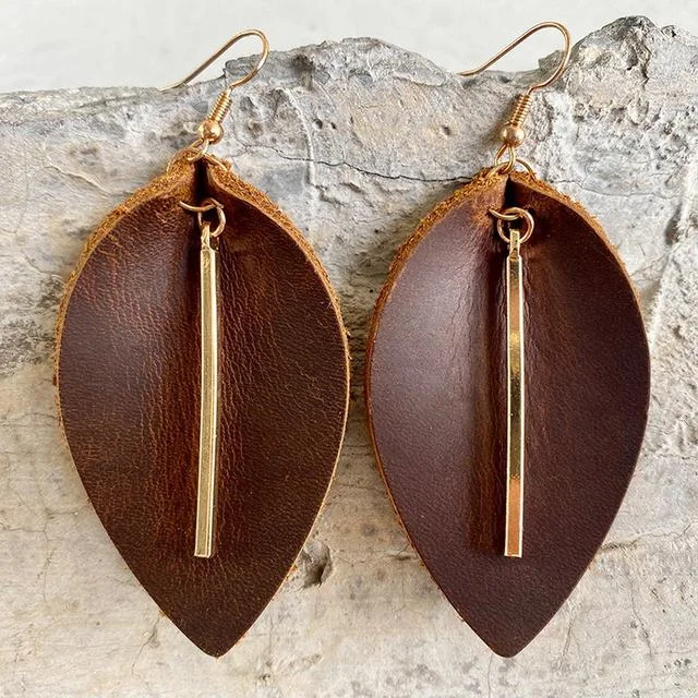 Timeless Beauty, Unbeatable Deals – Jewelry Sale On Genuine Leather Leaf Earrings with Gold Bar