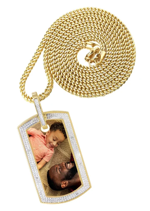 Handmade Pearl Jewelry For Timeless Elegance 10K Yellow Gold Diamond Dog Tag Picture Pendant Necklace | Appx. 27 Grams