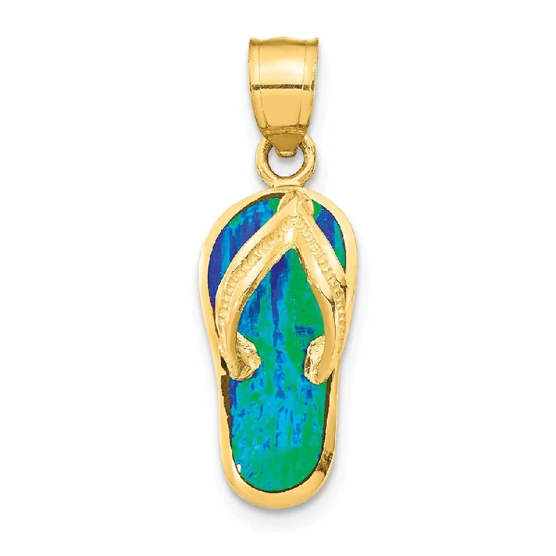 Premium Diamond Jewelry For Unforgettable Moments 14k Yellow Gold and Created White or Blue Opal Flip Flop Pendant, 8mm