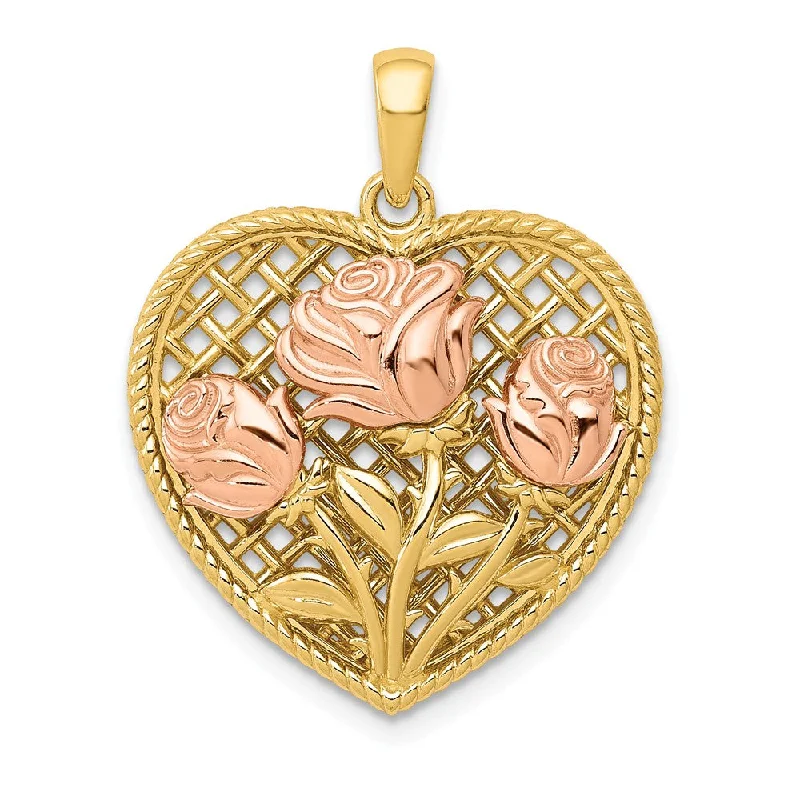 Sparkle On A Budget – Fine Jewelry For Less 14k Yellow Gold and Rose Gold Roses Heart Pendant, 20mm