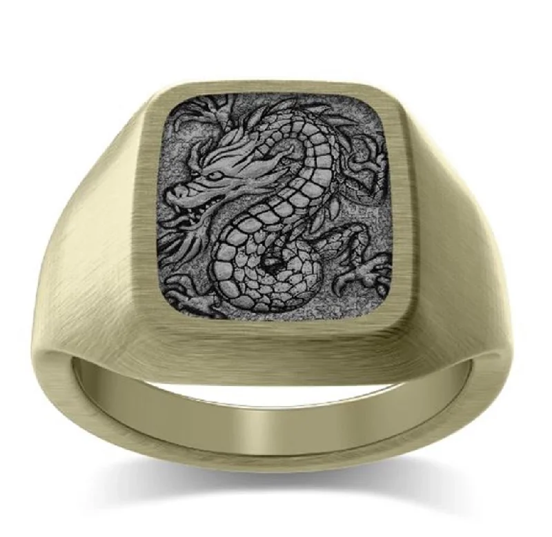 Personalized Engraved Jewelry For Meaningful Gifts 14K Yellow Gold And Tantalum 'The Legend' Chinese Dragon Signet Ring