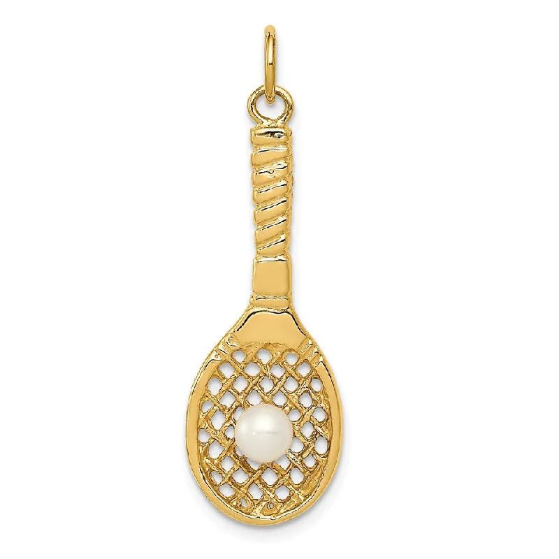 Luxury Jewelry Now At Special Promotional Rates 14k Yellow Gold FW Cultured Pearl 3D Tennis Racquet & Ball Pendant