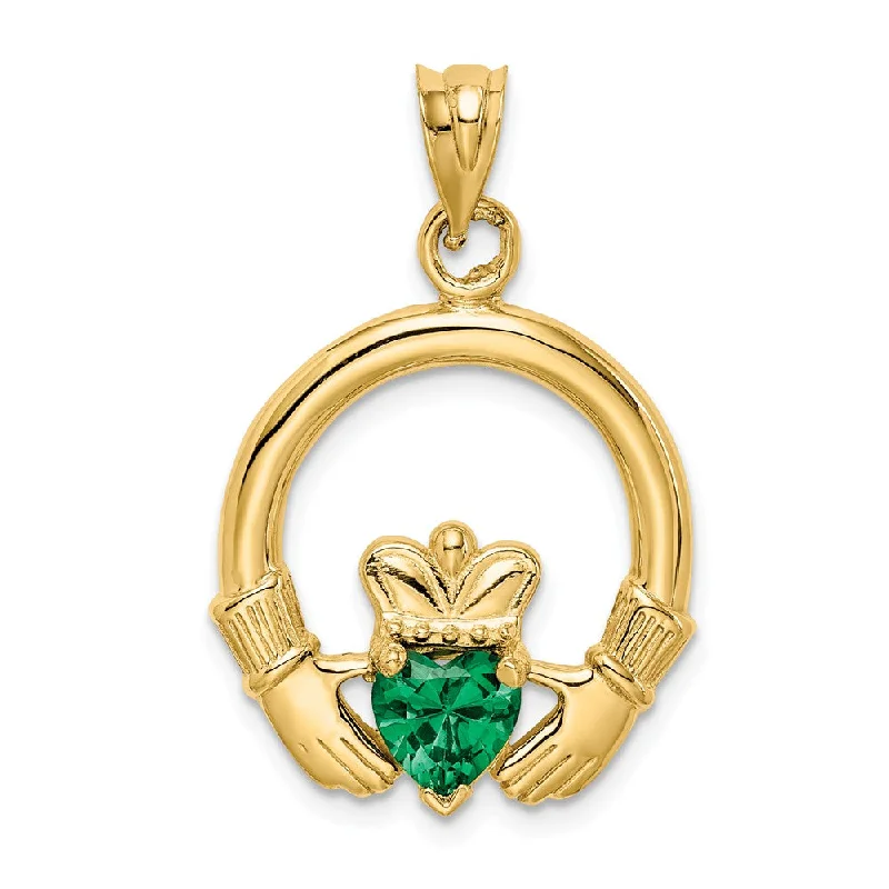 Best-Selling Jewelry Now Available At Special Deals 14k Yellow Gold & Green CZ Claddagh Pendant, 20mm (3/4 inch)