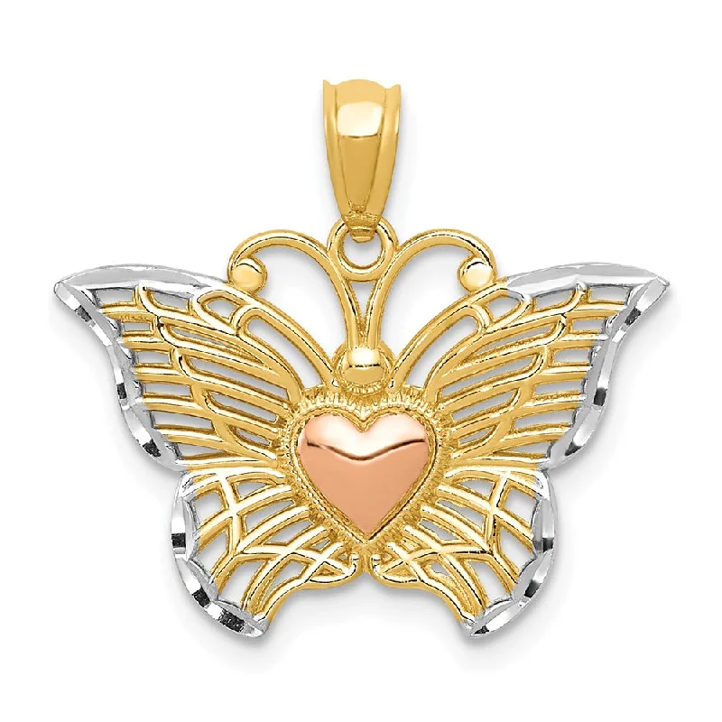 Affordable Glamour – Premium Jewelry For Less 14k Yellow & Rose Gold with White Rhodium 22mm Butterfly Heart Pendant