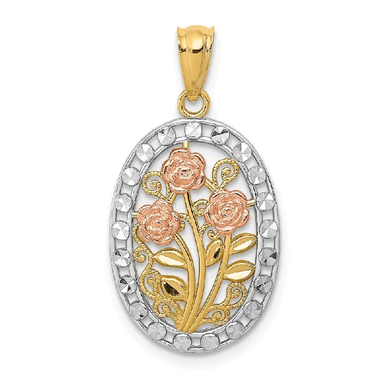 Limited-Time Jewelry Discounts – Shine Without The Splurge 14k Yellow & Rose Gold with White Rhodium Oval 3 Rose Pendant, 13mm