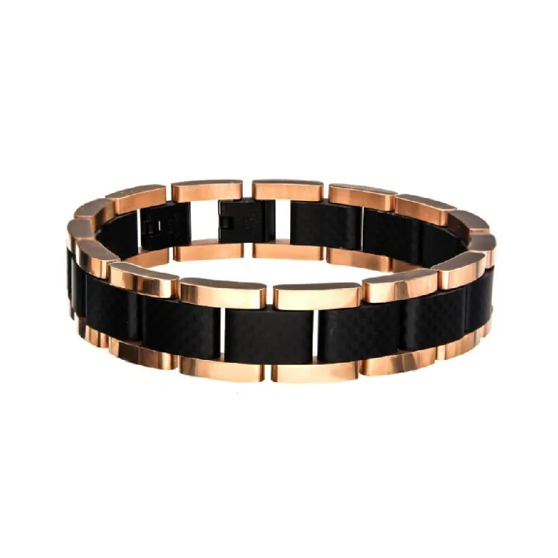 Accessorize For Less – Luxury Jewelry At Affordable Prices 14mm Black And Rose Gold IP With Carbon Fiber Link With Fold Over Clasp Bracelet