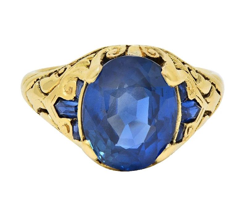 Discounted Jewelry For A Glamorous Look 1925 Early Art Deco 6.57 CTW No Heat Burma Sapphire 14 Karat Gold Antique Unisex Scroll Ring AGL