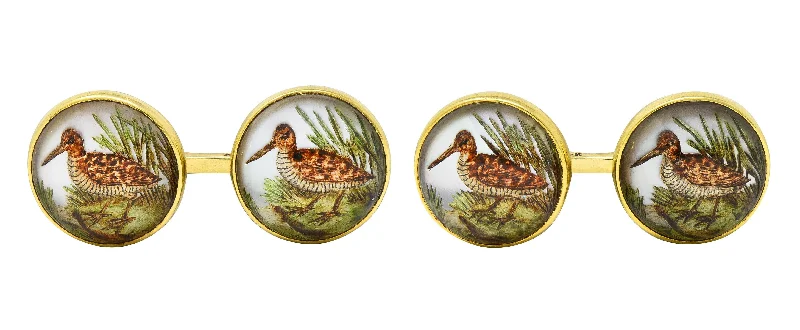 Limited-Stock Jewelry Sale – Once It's Gone, It's Gone Art Deco 1930s Painted Essex Crystal 14 Karat Gold Vintage Snipe Bird Cufflinks