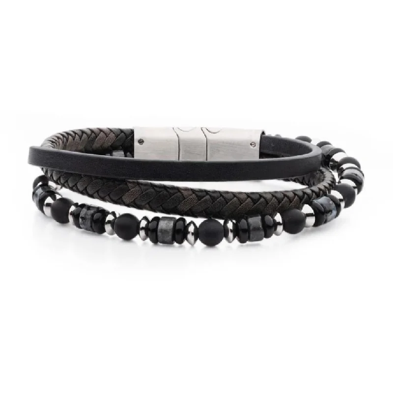 Unmissable Deals On Handmade Jewelry Collections Black And Grey Full Grain Cowhide Leather With Black Onyx And White Howlite Stone Bead Multi-Strand Bracelet