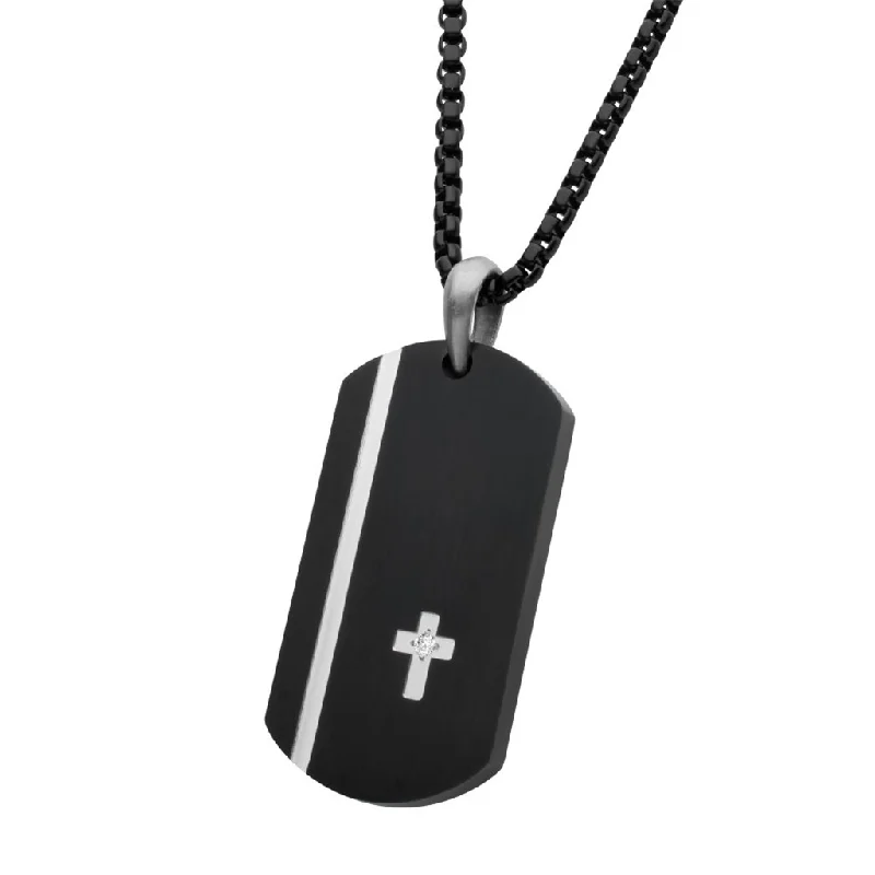 Upgrade Your Collection With Our Limited-Time Jewelry Sale Black IP Steel Dog Tag Pendant with Solitaire Accented Lab-Grown Diamond Cross Inlay