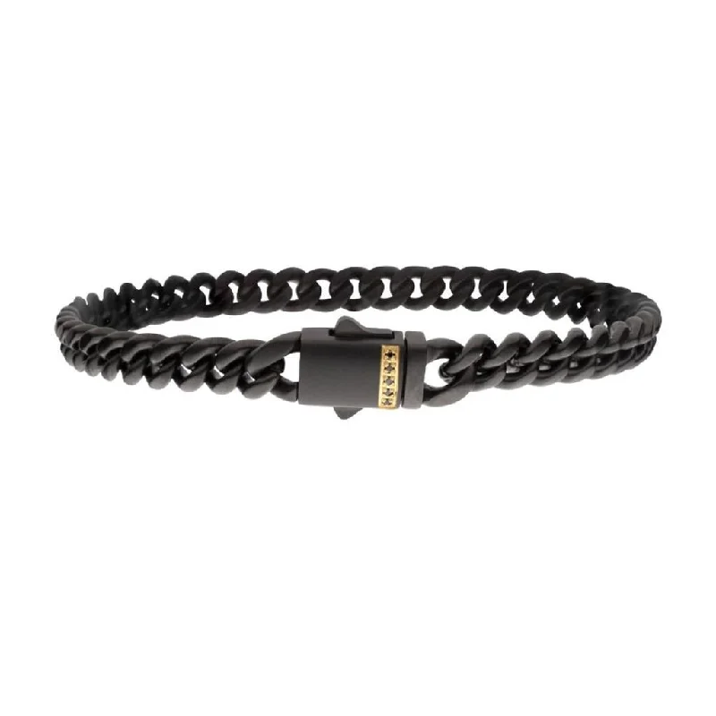 Flash Sale On Stunning Jewelry – Limited Stock Available Black IP Steel Matte Finish Miami Cuban Chain Bracelet with Genuine Black Sapphire Gem