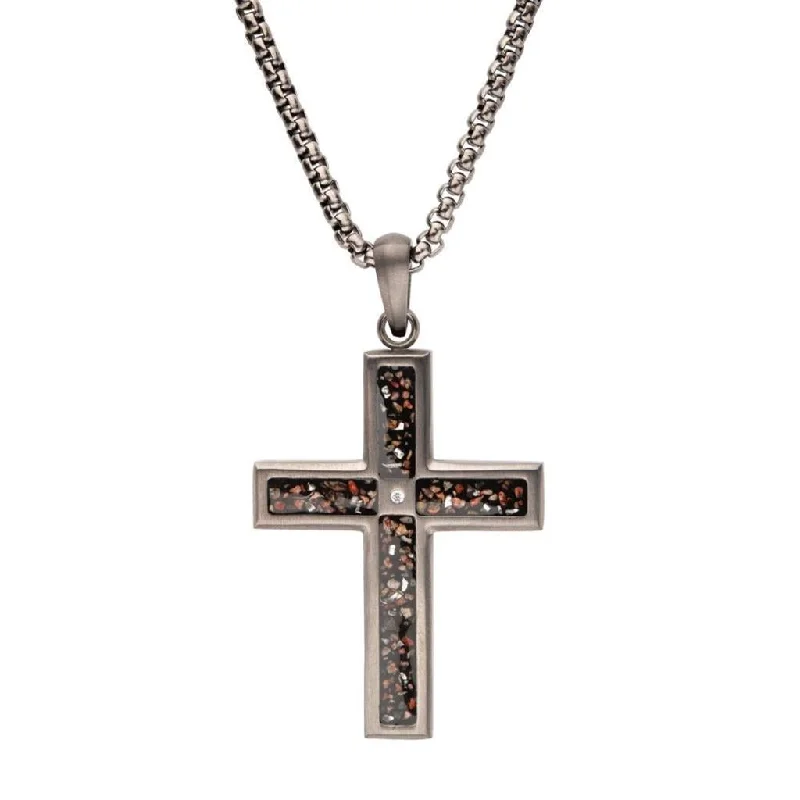 Sparkle In Style With Our Best Jewelry Deals Gun Metal IP Steel Matte Finish Black Dinosaur Bone Inlay with CZ Cross Pendant Necklace