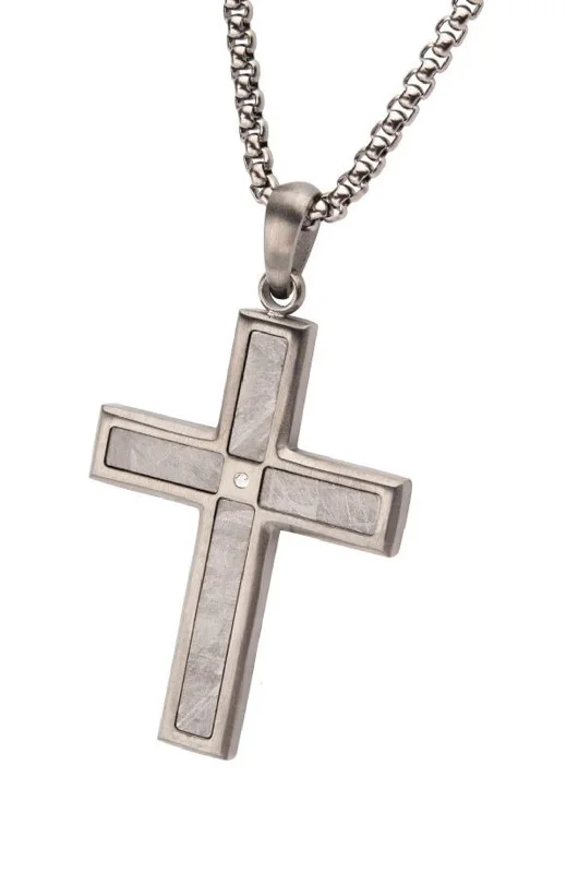 Unlock Unbeatable Jewelry Deals Before They’Re Gone Gun Metal IP Steel Matte Finish Meteorite Inlay With Lab Grown Diamond Cross Pendant Necklace