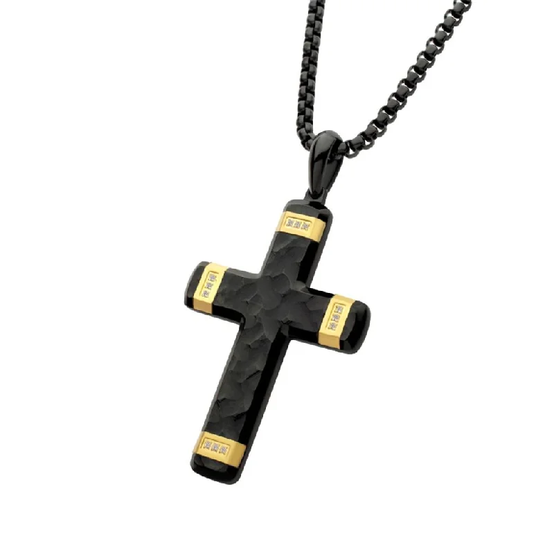 Affordable Glamour – Premium Jewelry For Less Matte Finish Black IP Carved Steel Large Cross Lab Grown Diamond Pendant Necklace