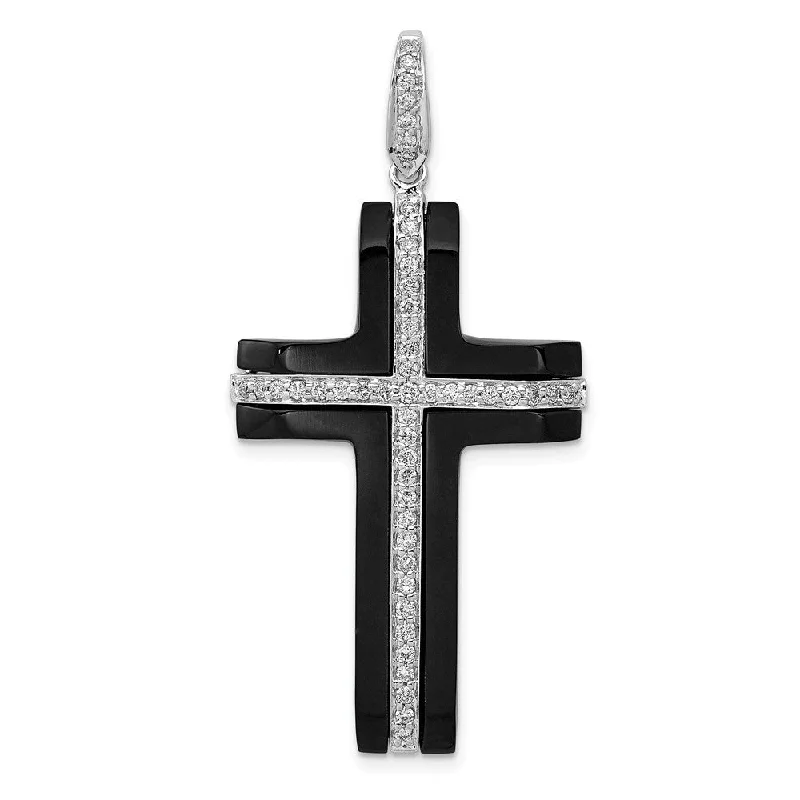 Bohemian-Inspired Jewelry For Free-Spirited Fashion 14k White Gold 1/4 Ctw Diamond & Onyx Cross Pendant, 20 x 40mm