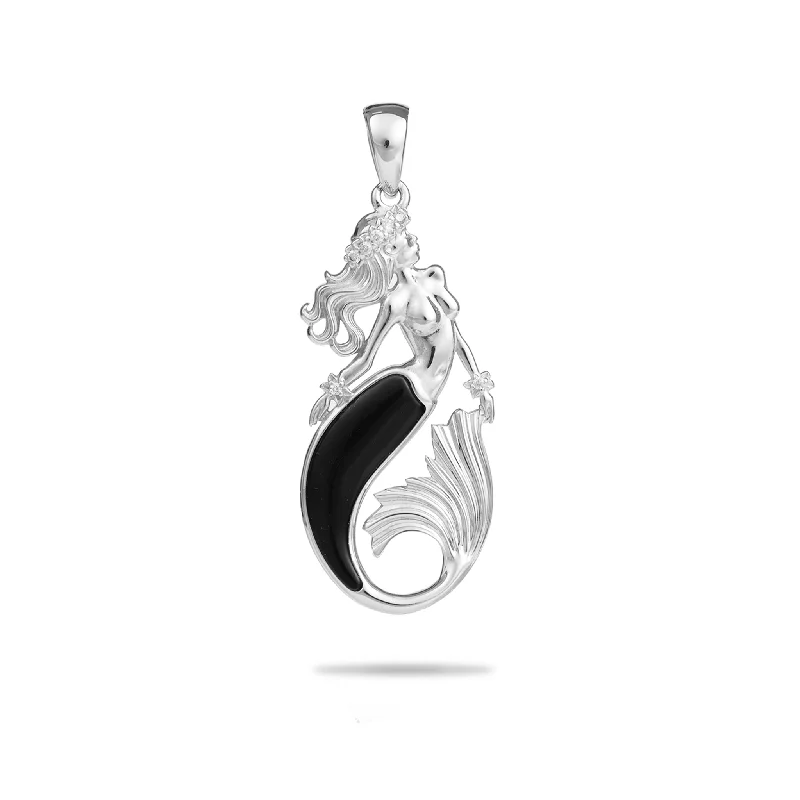 Luxury Jewelry Clearance – Shop Premium Styles Now Sealife Mermaid Black Coral Pendant in White Gold with Diamonds - 30mm