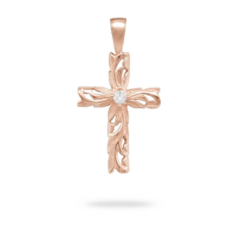 Trendy Minimalist Jewelry For Everyday Wear Hawaiian Heirloom Old English Scroll Cross Pendant in Rose Gold with Diamond - 30mm