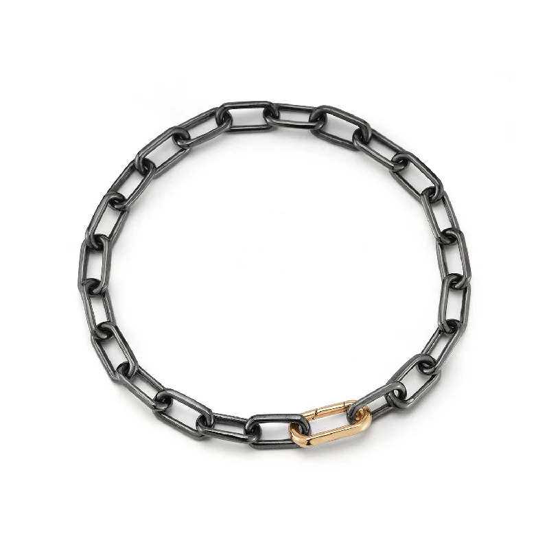 Bestselling Jewelry Now On Sale – Elevate Your Look SAXON BLACK RHODIUM LINK BRACELET WITH 18K ROSE GOLD ELONGATED SPRING LOADED CLASP