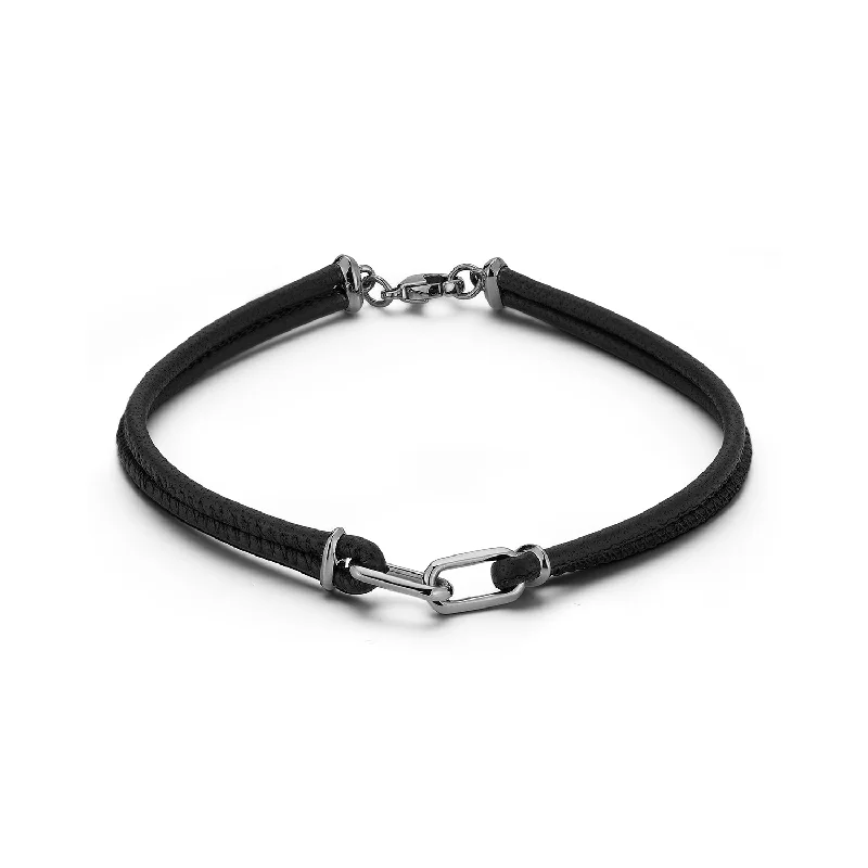 Shop Handcrafted Jewelry At Special Promotional Rates SAXON STERLING SILVER AND BLACK RHODIUM DOUBLE LINK NAPA LEATHER BRACELET