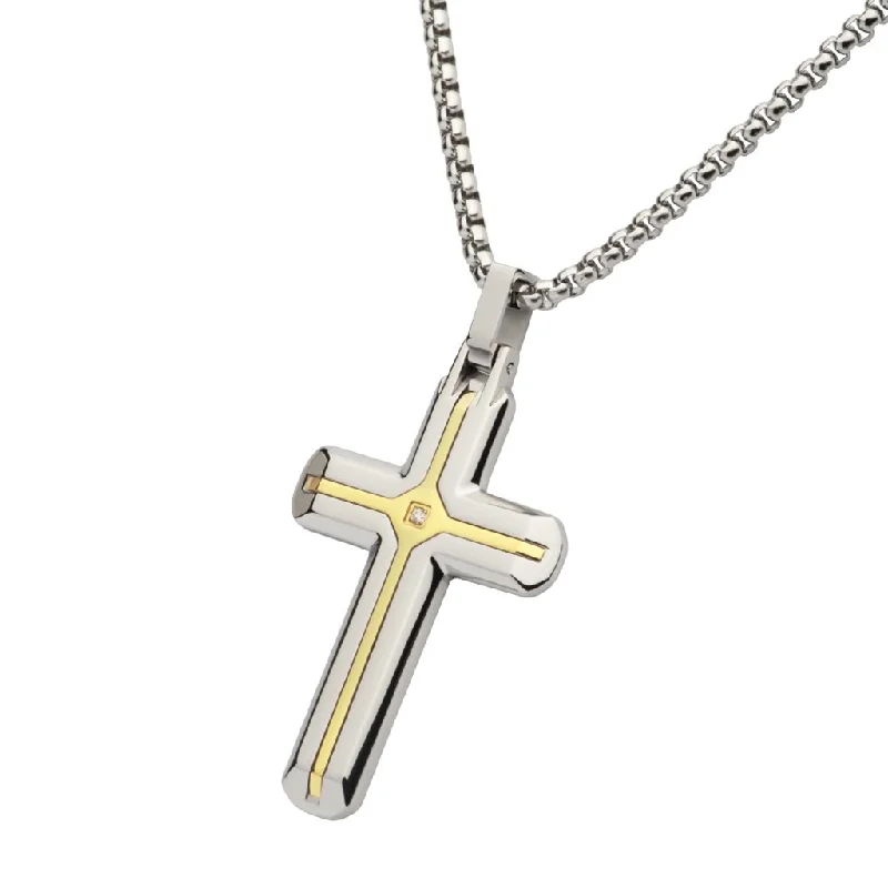 Celebrate Every Occasion With Sparkling Savings Stainless Steel 18k Gold IP Steel Two Tone Cross With Lab Grown Diamond