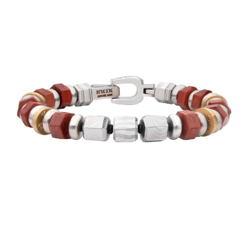 Buy More, Save More On Stunning Jewelry Pieces Stainless Steel 8mm Mokume Gane And Red Jasper Beads Bushido Virtue Bracelet