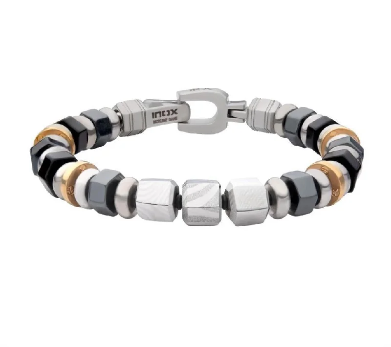 Shop Modern Jewelry Collections With Exclusive Discounts Stainless Steel 8mm Mokume Gane, Hematite And Onyx Beads Bushido Virtue Bracelet