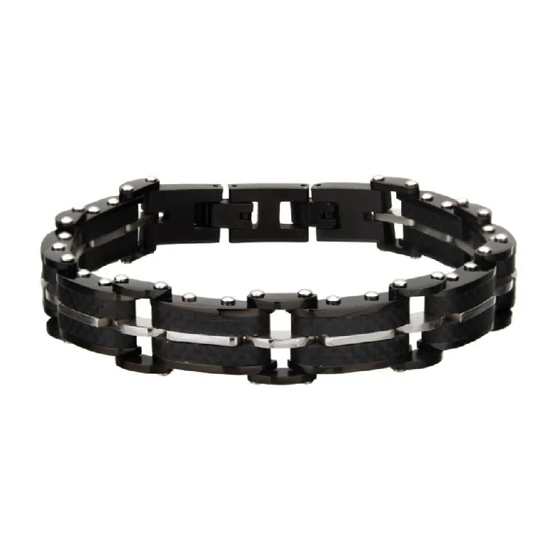 Jewelry Flash Sale – Stylish Designs At Unbeatable Rates Stainless Steel Black Carbon Fiber and Gold IP Link with Fold Over Clasp Bracelet