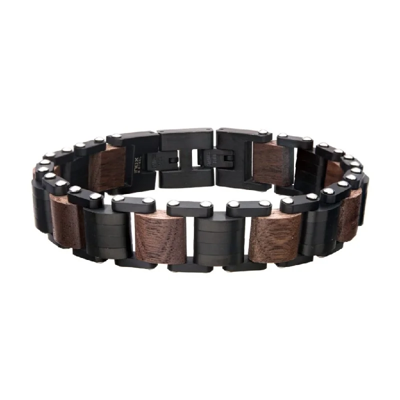 Shine Bright With Our Special Jewelry Promotions Stainless Steel Black IP With Walnut Wood and Fold Over Clasp Bracelet Link Bracelet