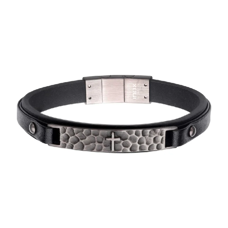 Dainty And Elegant Jewelry Now At Reduced Prices Stainless Steel Black Leather Strapped with Cross Hammered ID Bracelet