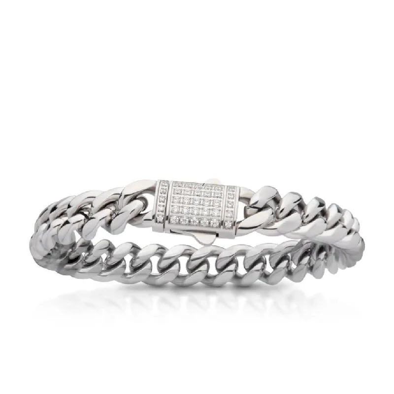 Trendy Minimalist Jewelry For Everyday Wear Stainless Steel Miami Cuban Chain Bracelet With Lab-Grown Diamonds Double Tab Box Clasp