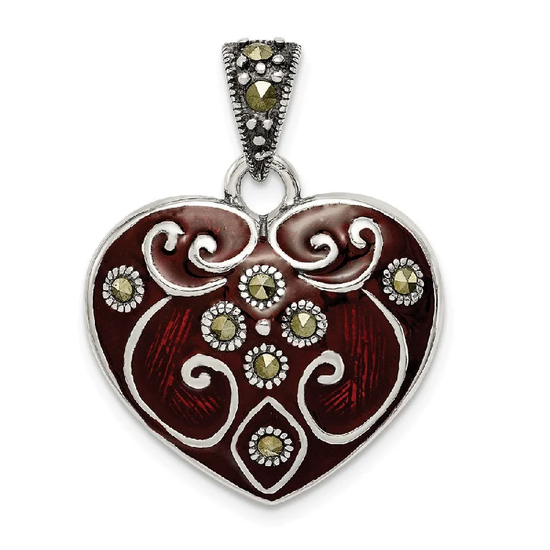 Affordable Glamour – Premium Jewelry At Special Prices Sterling Silver, Red Enamel and Marcasite Heart Pendant, 21mm